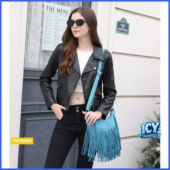 Vegan Suede Hobo Bag with Fringe Tassel Crossbody Shoulder Purse - Picture 7 of 7